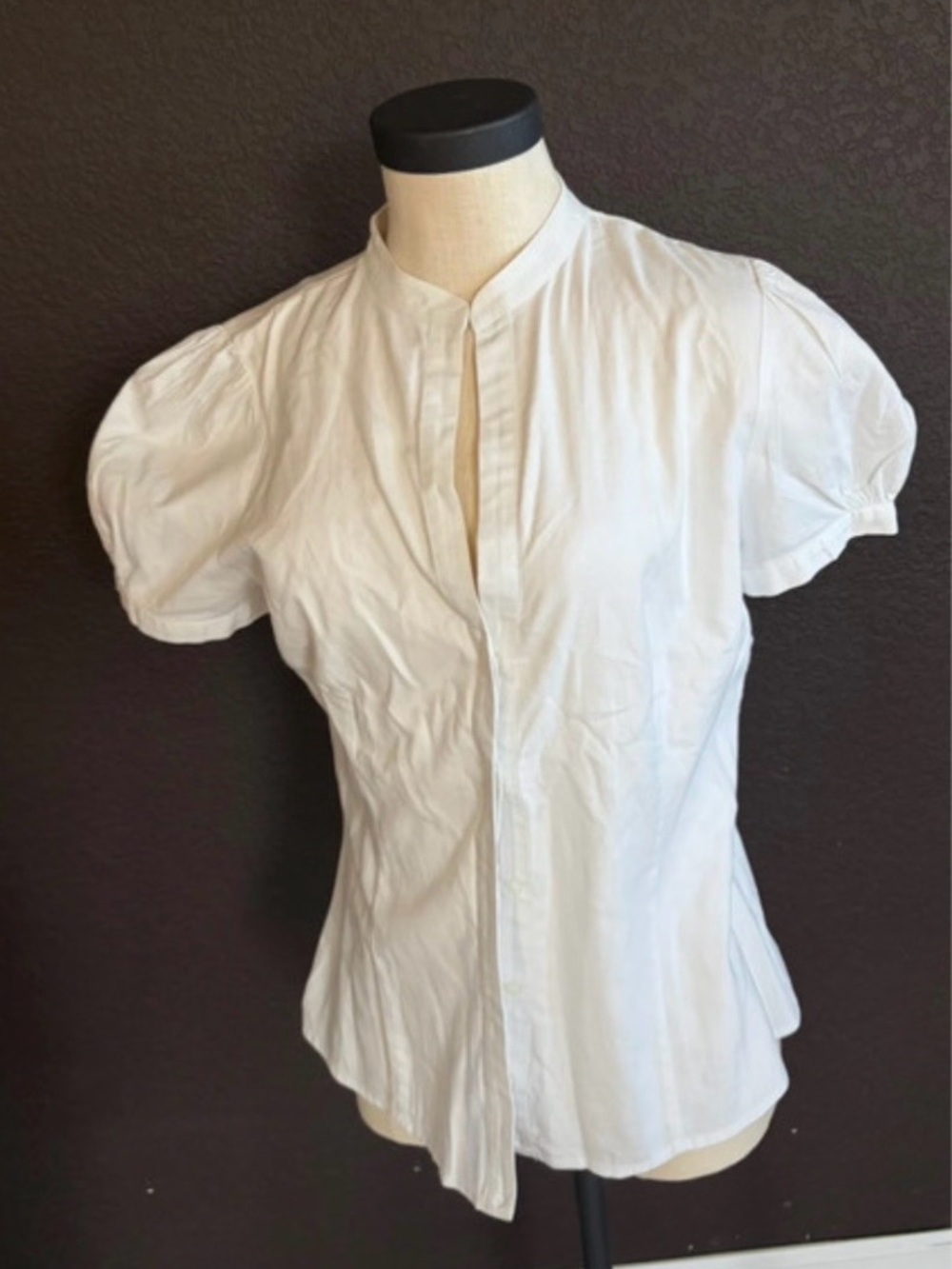 White 100% Cotton Puff Sleeve High Neck Blouse Size M